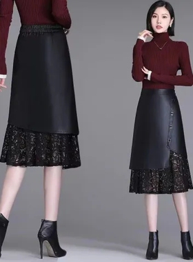 PU半身皮裙女春秋2025新款高腰显瘦中长款蕾丝一步裙包臀A字裙子