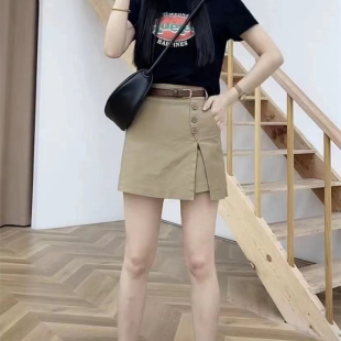 薄款 女高腰阔腿宽松裤 中裤 ins绿色加大码 纯棉洗水工装 短裤 五分裤