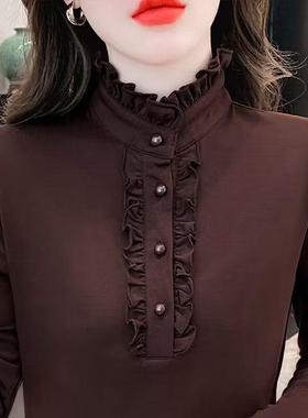 妈妈装纯色内搭荷叶领修身女高档新款木耳边保暖洋气加绒打底衫