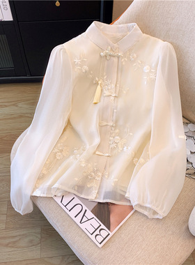 自留款推荐~新中式国风刺绣盘扣流苏长袖宽松衬衫女雪纺开衫春夏