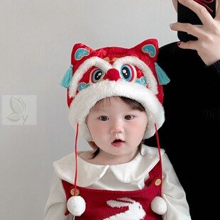宝宝帽子红色虎头帽冬天加厚保暖套头雷锋帽婴幼儿喜庆新年过年帽