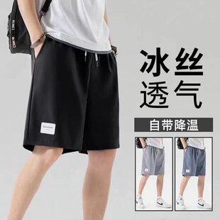 男士 薄款 冰丝皮标短裤 夏季 沙滩运动宽松大 裤 子外穿休闲五分裤