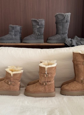 2025高筒羊毛一体厚底骑士靴女款雪地靴金属扣高筒厚底羊毛雪地靴
