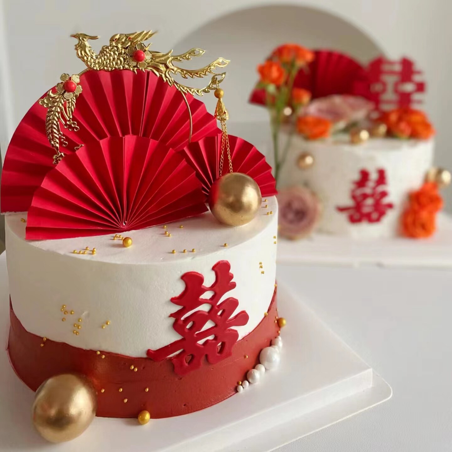 铁艺圆形喜蛋糕装饰插件中式婚礼凤凰订婚结婚红色囍字甜品台摆件