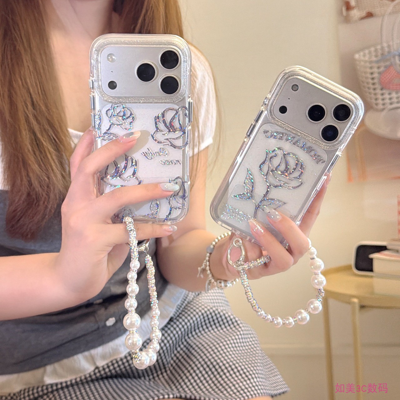 ins风鎏金线条玫瑰花带链条适用苹果17pro手机壳少女心iPhone16ProMax新款15pro女款小众13全包14防摔双层软