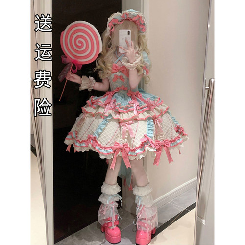薄荷冰激凌可爱少女感甜美lolita裙拖尾蝴蝶结甜妹裙公主裙洋装