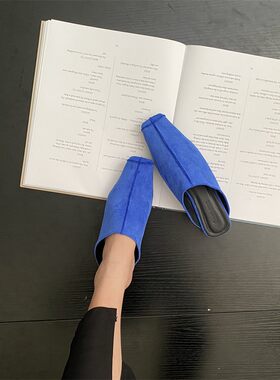 高级感蓝色方头深口穆勒鞋