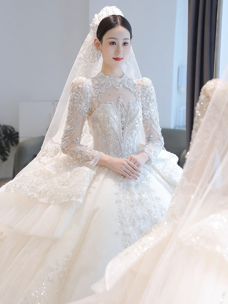 主婚纱冬季长袖2021新娘新款法式复古奢华宫廷风重工显瘦长拖尾