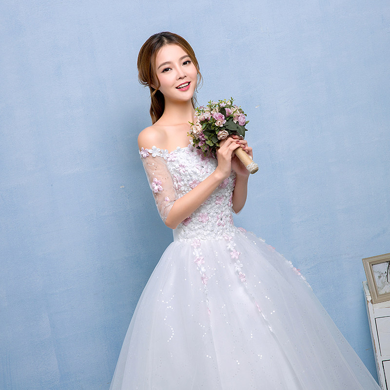 2019冬季新娘壹字肩中袖新娘韓式簡約花朵公主顯瘦齊地婚紗禮服在類目 女裝/女士精品, 婚紗/旗袍/禮服, 婚紗中 - 來自Buy2taobao.com提供專業的淘寶代購服務