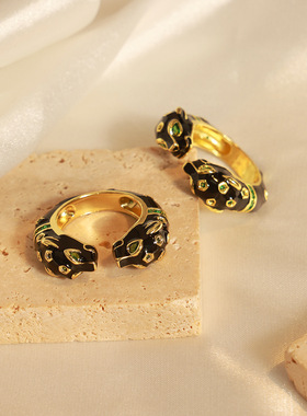 时尚小众动物滴油猎豹开口戒指高级感黑金色可调节情侣戒指潮