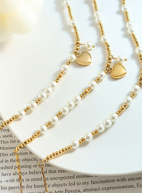 希腊不掉色守护甜心复古仿珍珠拼接钢珠吊坠爱心项链跨境钛钢