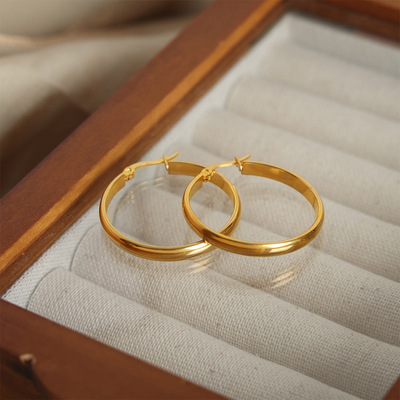 港风复古大圈圈大耳圈耳环ins几何亮面O型设计钛钢18k金气质耳饰