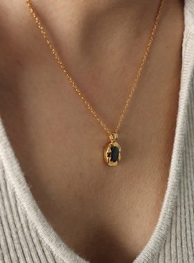 几何椭圆黑色锆石吊坠颈链项链饰品女生跨境不掉色钛钢锁骨链