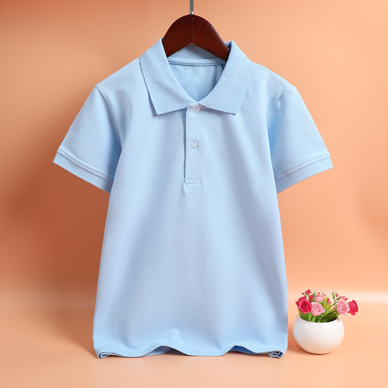 夏季童装浅蓝色短袖POLO衫男童女童纯白色园服小学生校服班服T恤
