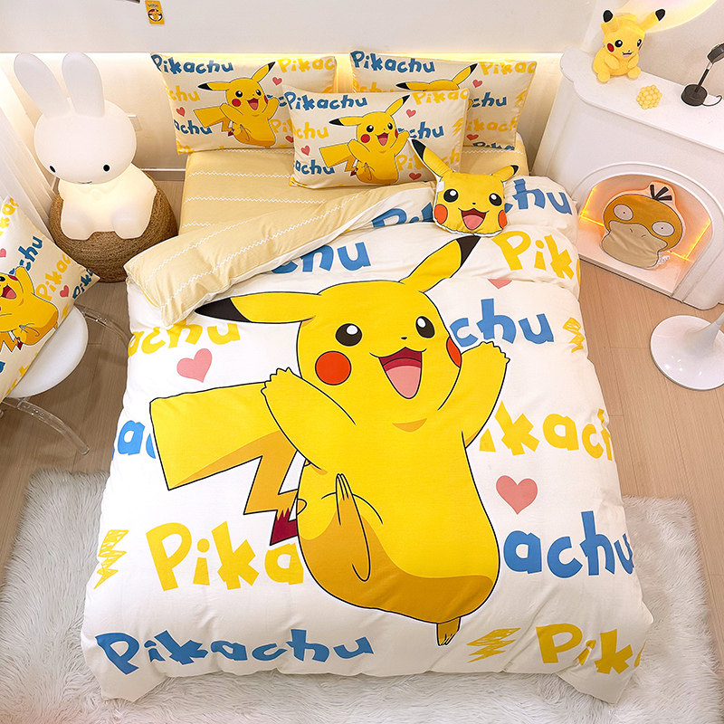 皮卡丘儿童卡通纯棉四件套1.8米全棉被套床单公主床笠式三件套1.2