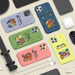 LINE FRIENDS布朗熊iPhone15promax周游世界软胶手机壳苹果14液态硅胶保护套iPhone13pro全包防摔苹果12软壳