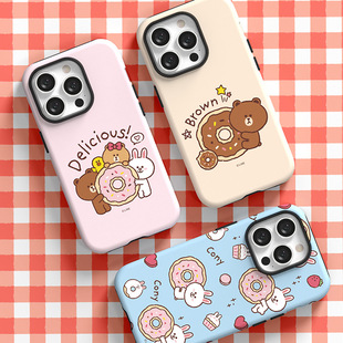 LINE FRIENDS布朗熊苹果15甜甜圈双层手机壳iPhone14pro全包保护套13硬壳iPhone16promax防摔苹果17pro磁吸壳