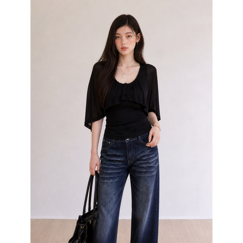 黑色早秋u领假两件修身t恤上衣女