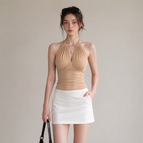 夏季深V挂脖修身纯欲辣妹背心