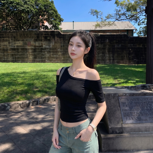 韩式纯欲辣妹风斜肩短袖t恤女夏