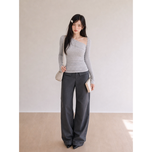早秋韩系斜肩露肩修身长袖t恤女
