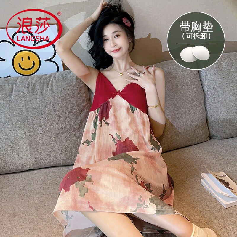 浪莎纯棉带胸垫睡裙女夏季吊带背心韩范睡衣甜美薄款可外穿休闲家