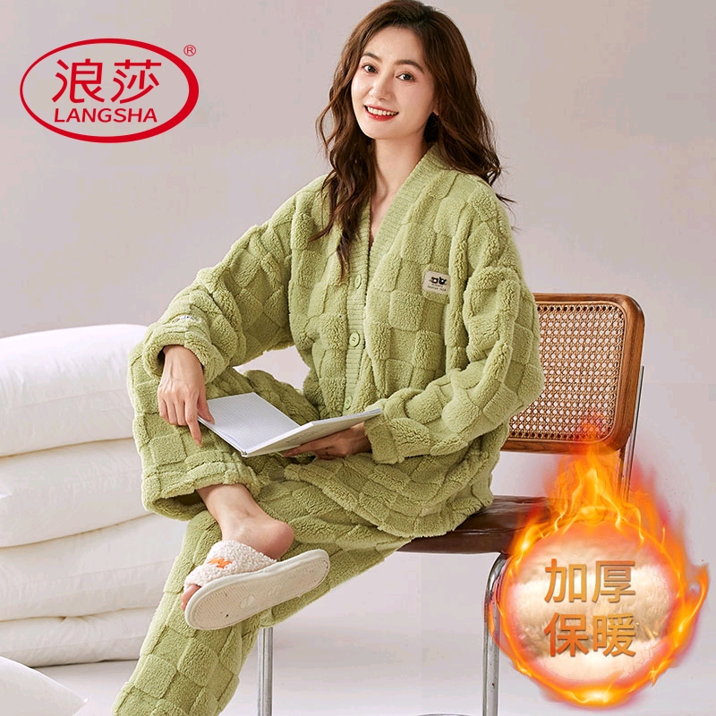 长袖毛绒珊瑚绒睡衣女秋冬季厚款