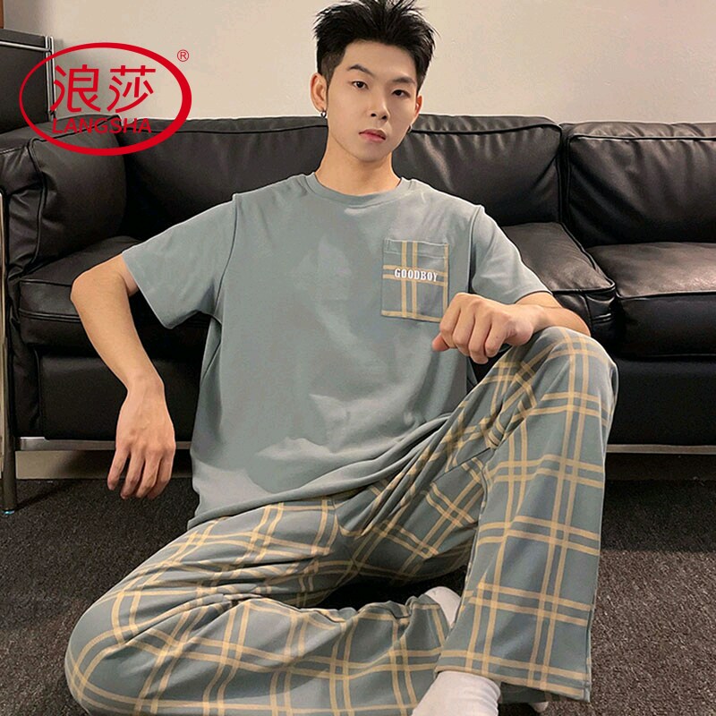 浪莎2025新款睡衣男夏季纯棉薄款大码短袖长裤青少年韩范家居服两