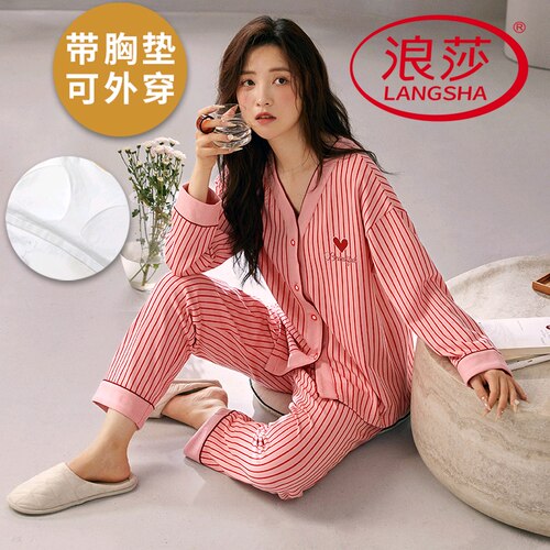 浪莎纯棉带胸垫睡衣女春秋季长袖