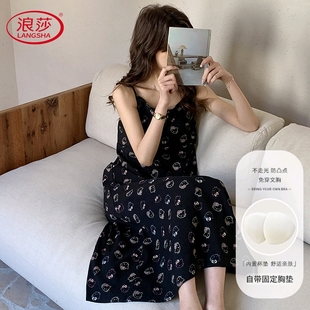 浪莎2025新款 云朵棉吊带韩范家居服网红风可 带胸垫睡裙女夏季 薄款