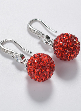 锆石耳坠圆脸耳环性感耳钉女网红百搭红色珍珠短款气质防过敏耳饰