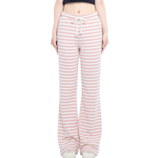 女抽绳松紧腰微喇显瘦显腿长百搭裤 粉白条纹休闲裤 子 美式 BM长裤