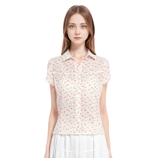 BM田园风印花上衣 红色小碎花娃娃领短袖单排纽扣舒适修身衬衫新