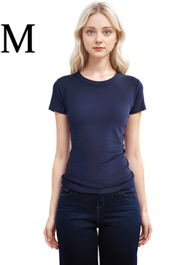 BM正肩短袖 美式辣妹藏蓝色极简紧身弹力显瘦百搭圆领T恤显白上衣