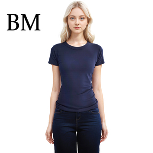 BM正肩短袖 辣妹藏蓝色极简紧身弹力显瘦百搭圆领T恤显白上衣 美式