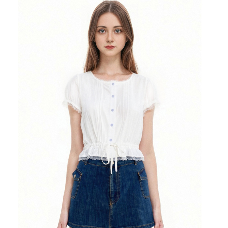 BM张元英同款蕾丝短袖圆领衬衫