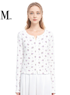 BM修身针织开衫薄款 绝美紫色碎花圆领长袖遮肉棉T恤上衣春夏外套