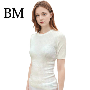 极简紧身T恤女眼孔百搭上衣打底衫 BM圆领柔软舒适全棉针织短袖 夏