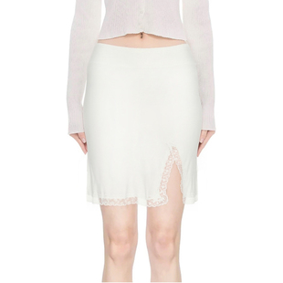BM醋酸缎面白色半身裙 松紧腰蕾丝开叉包臀短裙百搭极简垂感半裙