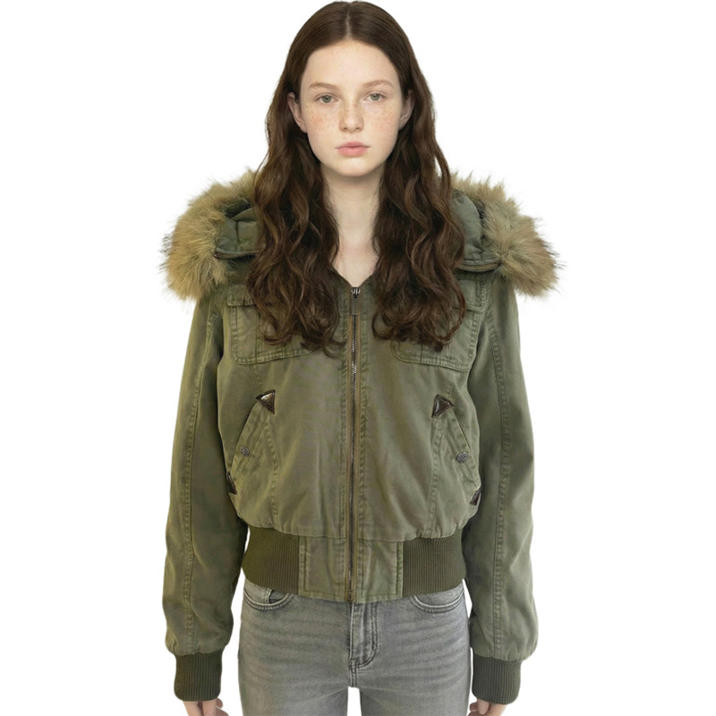 BM厚外套 美式复古毛领连帽棉服女短款军绿色拉链保暖棉袄派克服