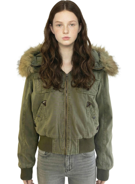 BM厚外套 美式复古毛领连帽棉服女短款军绿色拉链保暖棉袄派克服