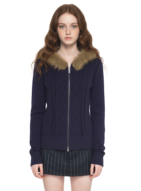BM新款外套 美式深蓝色复古麻花连帽抽绳毛领修身显瘦针织开衫潮