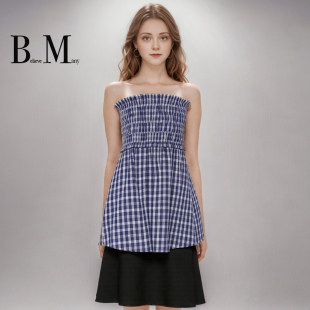 BM格纹半裙 两穿半身伞裙A 蓝白格子松紧压褶抹胸小裙子藤姐同款