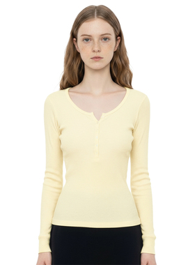 BM糖果色针织打底衫 美式浅黄色修身显瘦百搭半开领扣子长袖T恤秋