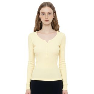 BM糖果色针织打底衫 美式浅黄色修身显瘦百搭半开领扣子长袖T恤秋