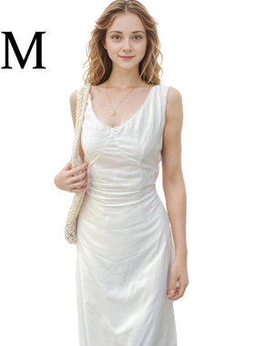 BM新款长裙V领蝴蝶结系带收腰茶歇小白裙无袖白色法式连衣裙女夏