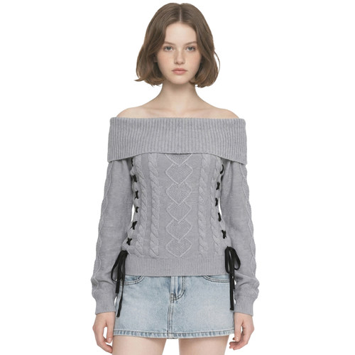 BM一字肩绑带毛衣灰色针织衫