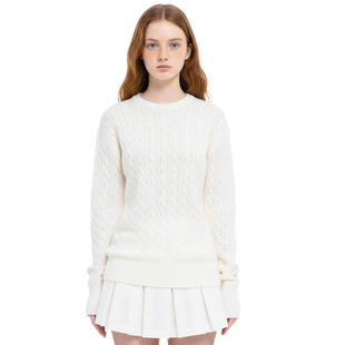 BM2025秋冬毛衣 百搭针织上衣 圆领米白色绞花纹套头宽松百搭长袖