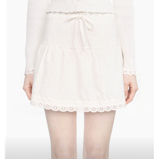 BM短裙 少女感蕾丝花边半身裙抽绳系带芭蕾风减龄迷你裙子棉 美式