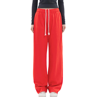 运动卫裤 BM2025新款 松紧腰宽松慵懒风阔腿裤 美式 女 秋冬红色长裤